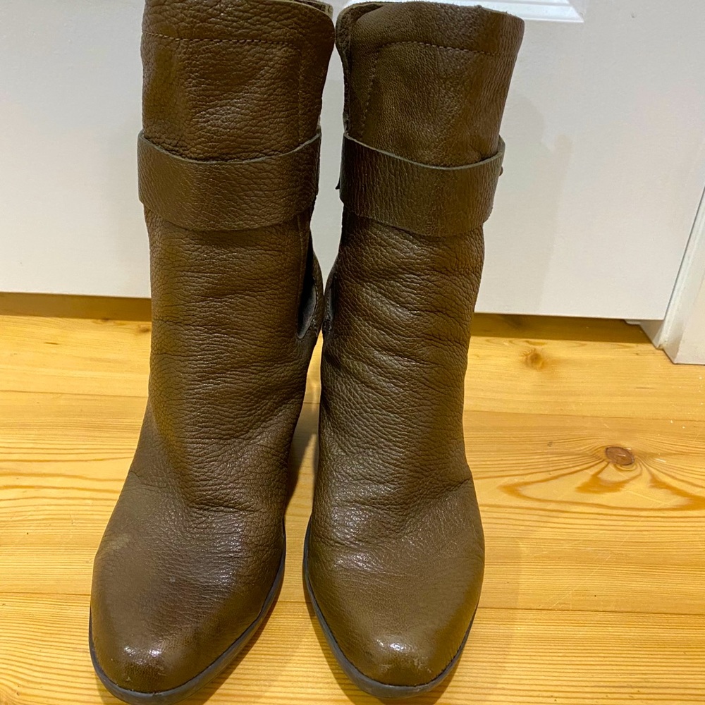 Brown leather wedge booties